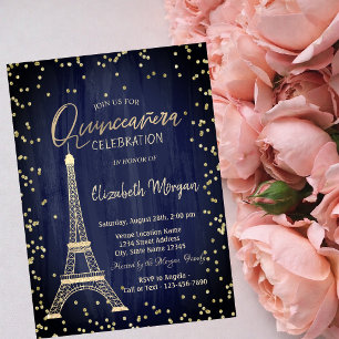Gold Eiffel Tower Diamonds Navy Blue Quinceanera Einladung