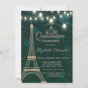 Gold Eiffel Tower Stars Green Quinceañera Einladung