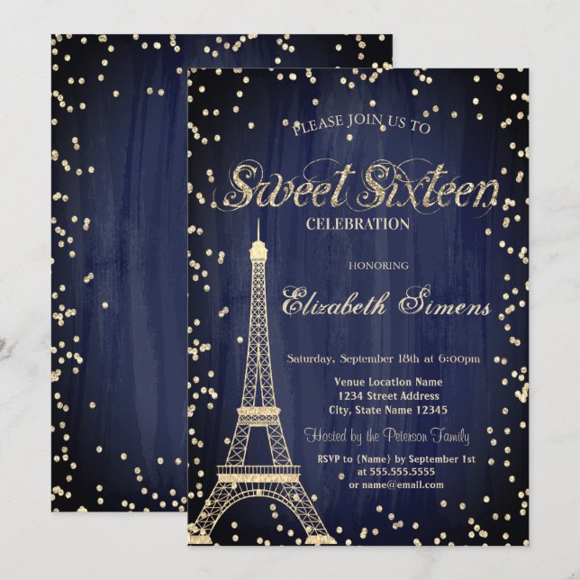 Gold Eiffelturm Diamonds Navy Blue Sweet 16 Einladung (Vorne/Hinten)