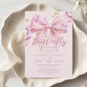 Gold Ein Kleiner Schmetterling Rosa Schleife Baby Einladung