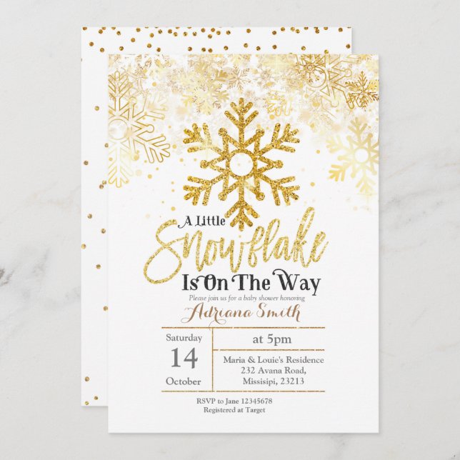 Gold Eine kleine Schneeflocke ist auf dem Weg Baby Einladung (Vorne/Hinten)