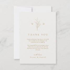 Gold einfache botanische Blätter Monogramm Hochzei Dankeskarte