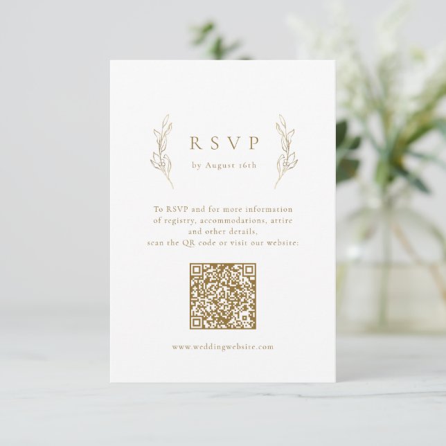 Gold einfache Eleganz botanischen QR Code Hochzeit RSVP Karte (Stehend Vorderseite)