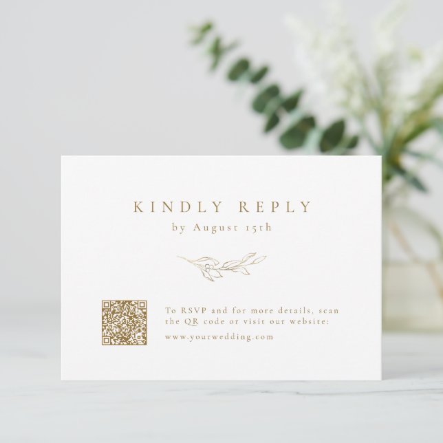 Gold einfache Eleganz botanischen QR Code Hochzeit RSVP Karte (Stehend Vorderseite)