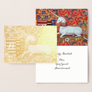 GOLD EINHORN ROT BLAU BLUMEN HOCZEIT MONOGRAMM FOLIENKARTE