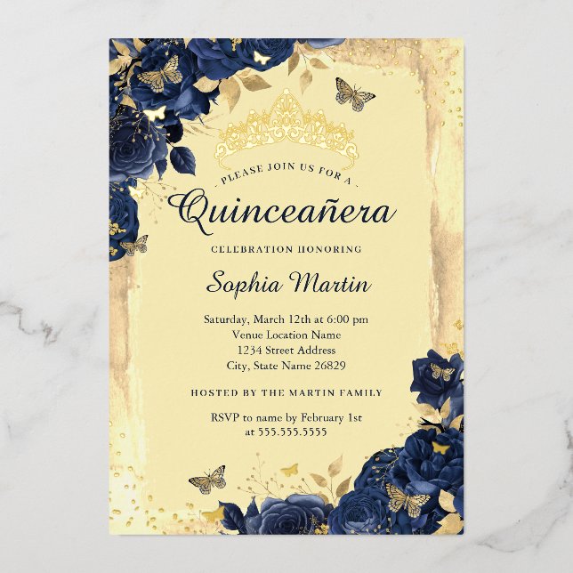 Gold Elegant Floral Butterfly Navy Quinceanera Folieneinladung (Vorderseite)