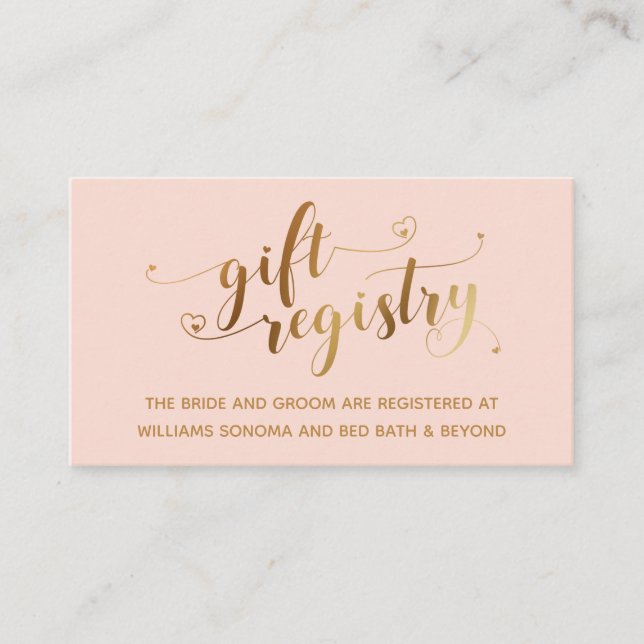 Gold Elegant Hörskript, Blush Gift Registry Begleitkarte (Vorderseite)