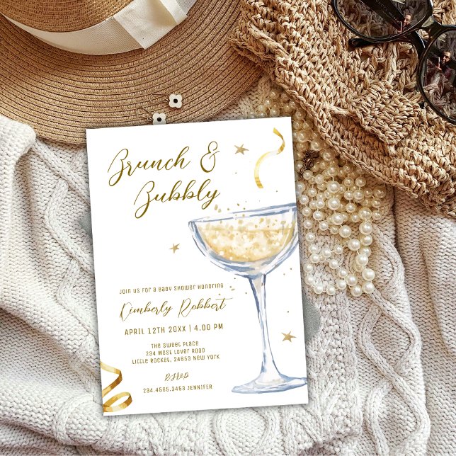 Gold Elegante Brunch Bubbly Champagne Baby Dusche Einladung (Gold Elegant Brunch Bubbly Champagne Baby Shower Invitation)