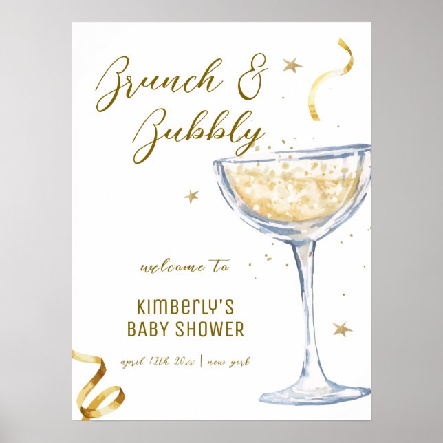 Gold Elegante Brunch Champagne Baby Dusche Willkom Poster (Vorne)