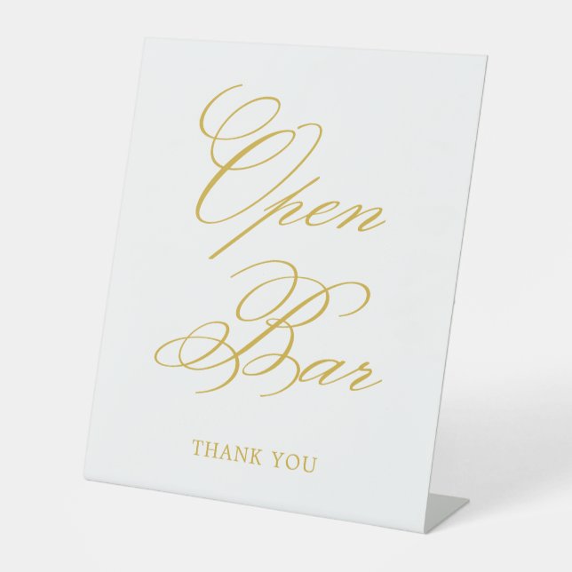 Gold Elegante Calligraphy Wedding Open Bar Sockelschild (Vorderseite)