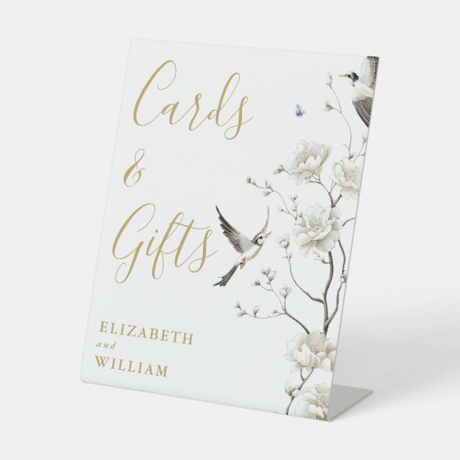 Gold Elegante Chinoiserie Blumenkarten und Geschen Sockelschild (Vorderseite)