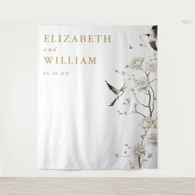 Gold Elegante Chinoiserie Hochzeitsreise Foto Hint Wandteppich (Vorderseite)