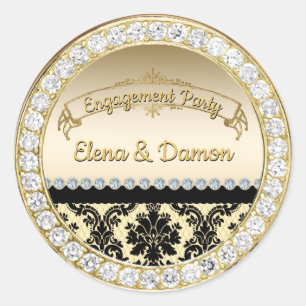 Gold Elegante Damask & Diamonds Engagement Party Runder Aufkleber