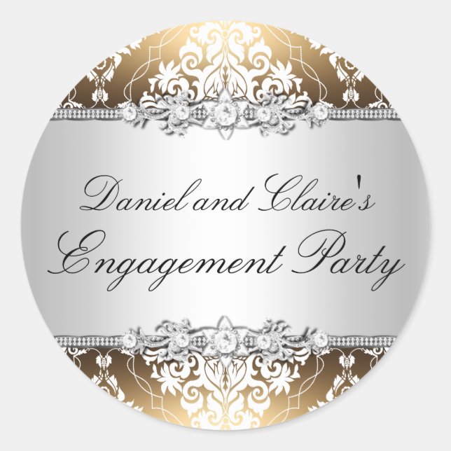 Gold Elegante Damask Engagement Party Aufkleber (Vorderseite)