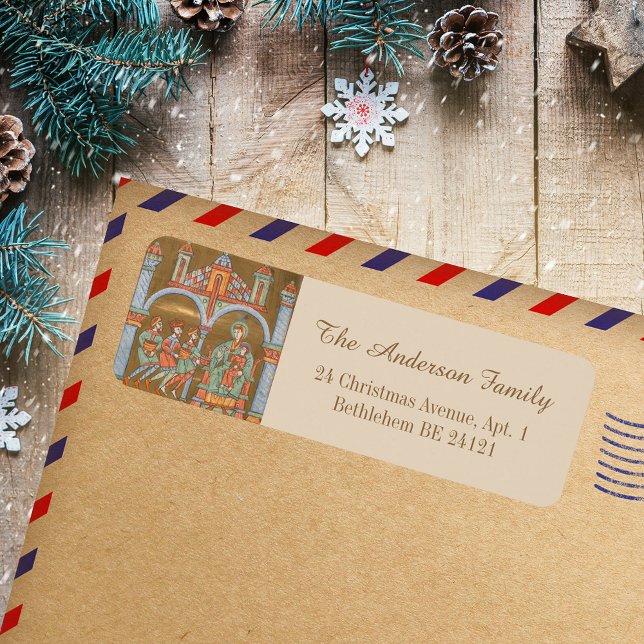 Gold Elegante Epiphany Weihnachten Geburt Mittelal (Gold Elegant Religious Epiphany Christmas Nativity Scene Medieval Holiday Return Address Label)