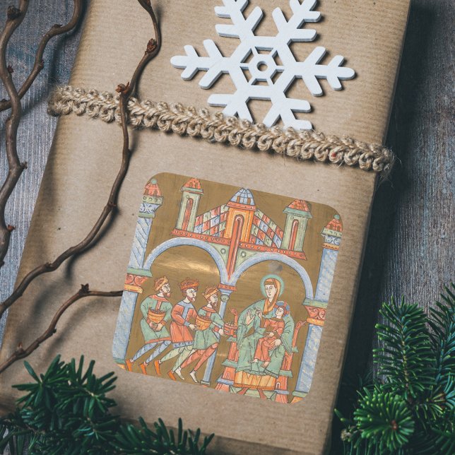 Gold Elegante Epiphany Weihnachten Geburt Mittelal Quadratischer Aufkleber (Gold Elegant Epiphany Three Kings Catholic Christian Christmas Nativity Scene Medieval Gift Sticker)