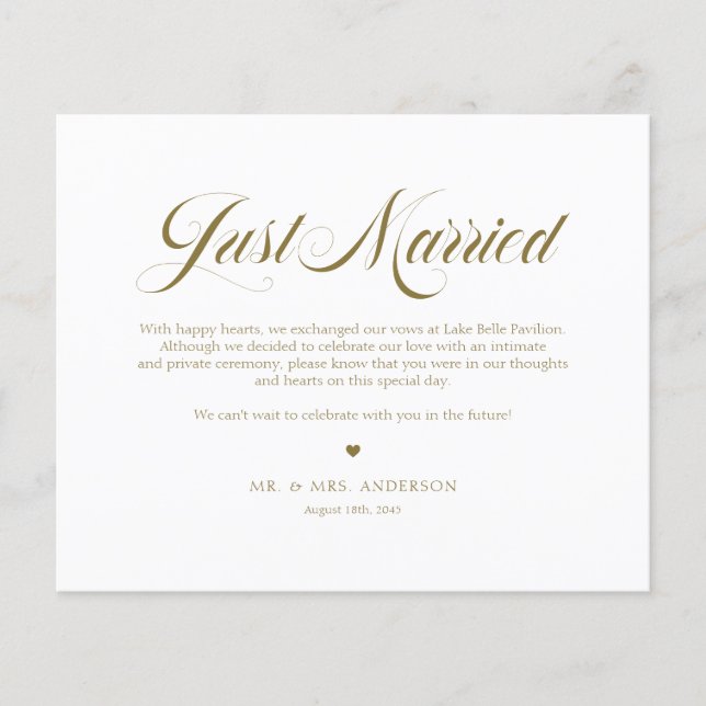 Gold Elegante fette Kalligraphie Just Married Card (Vorderseite)