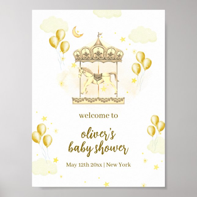 Gold Elegante Magical Carousel Baby Dusche Willkom Poster (Vorne)