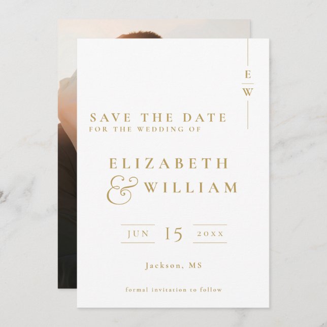 Gold Elegante Moderne Monogram Foto Hochzeit Save The Date (Vorne/Hinten)