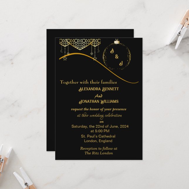 Gold Elegante Monogram Black Wedding Einladung (Vorderseite/Rückseite Beispiel)
