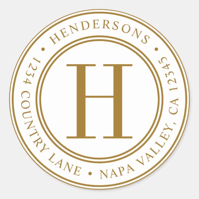 Gold Elegante Monogram-Rücksendeadresse Runder Aufkleber (Vorderseite)