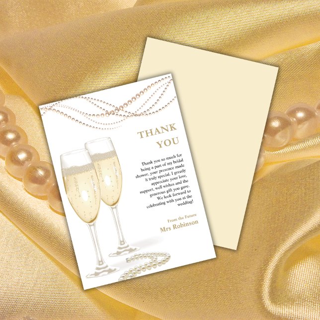 Gold Elegante Perlen & Prosecco Brautparty Dankeskarte (Gold Elegant Pearls & Prosecco Bridal Shower Thank You Card )