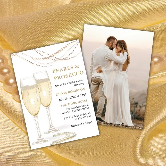 Gold Elegante Perlen & Prosecco Foto Brautparty Einladung (Gold Elegant Pearls & Prosecco Photo Bridal Shower Invitation )