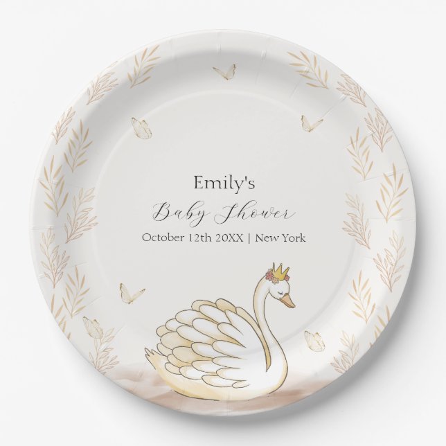 Gold Elegante Princess Swan Butterfly Baby Shower Pappteller (Vorderseite)