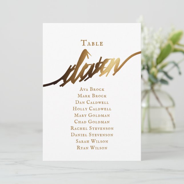 Gold Elegante Script-Tischnummer 11 Seating Chart Einladung (Stehend Vorderseite)