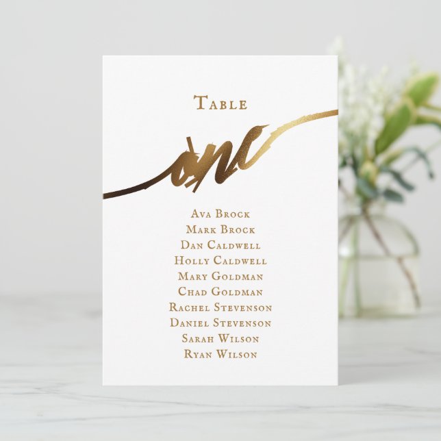 Gold Elegante Script-Tischnummer 1 Seating Chart Einladung (Stehend Vorderseite)