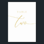 Gold Elegante Script-Tischnummer Zwei Tischnummer<br><div class="desc">Unsere elegante Goldkalligraphie-Script-Tischnummer ist perfekt für Ihre Hochzeit! Diese doppelseitige (vorne und hinten) Tischnummer-Karte bietet wunderschöne und elegante Imitate Goldfolien-Typografie auf einem modernen,  minimalistischen Hintergrund. Jede Tischnummer wird separat verkauft. *Dieses Design ist ein hochauflösendes grafisches Bild,  das zur Simulation von Goldfolie und nicht von Goldfolie erstellt wurde.</div>