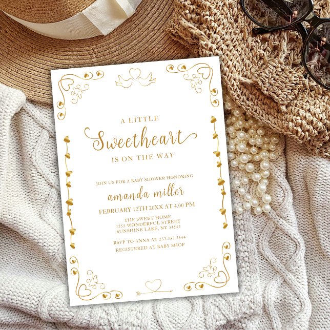 Gold Elegante Sweetheart Valentine Baby Shower Einladung (Gold Elegant Sweetheart Valentine Baby Shower Invitation)