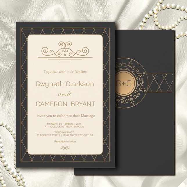 Gold Elegante Verzierte romantische Hochzeit Einladung (#zazzlemade #blackandgold #classsicinvitation #partyinvitation #artdecotraditionalinvitation)