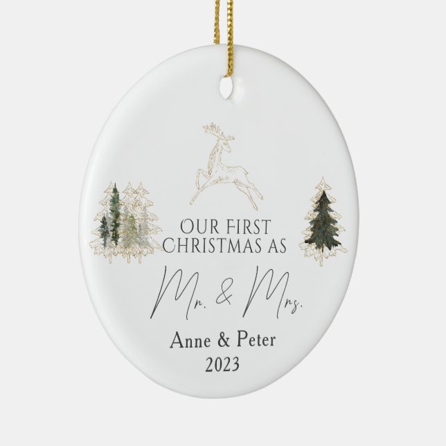 Gold Elegante Wasserfarbe Verheiratet Weihnachten Keramik Ornament (Rechts)