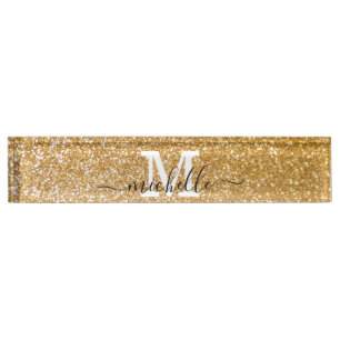 Gold Eleganter Glitzer Feminine Script Name Namensplakette