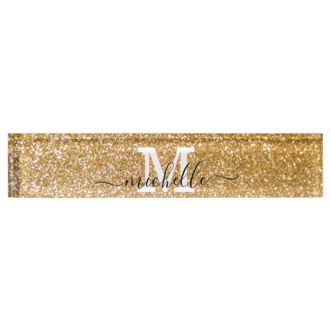 Gold Eleganter Glitzer Feminine Script Name Namensplakette (Vorderseite)