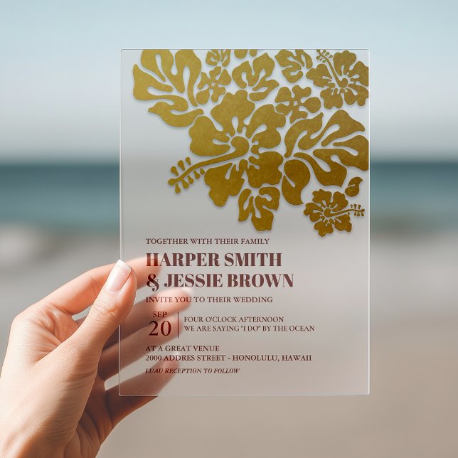 Gold - Eleganter Hibiskus Beach Wedding Acryleinladungen (Invite your guests to your dream wedding with this ultra stylish beach invitation!)