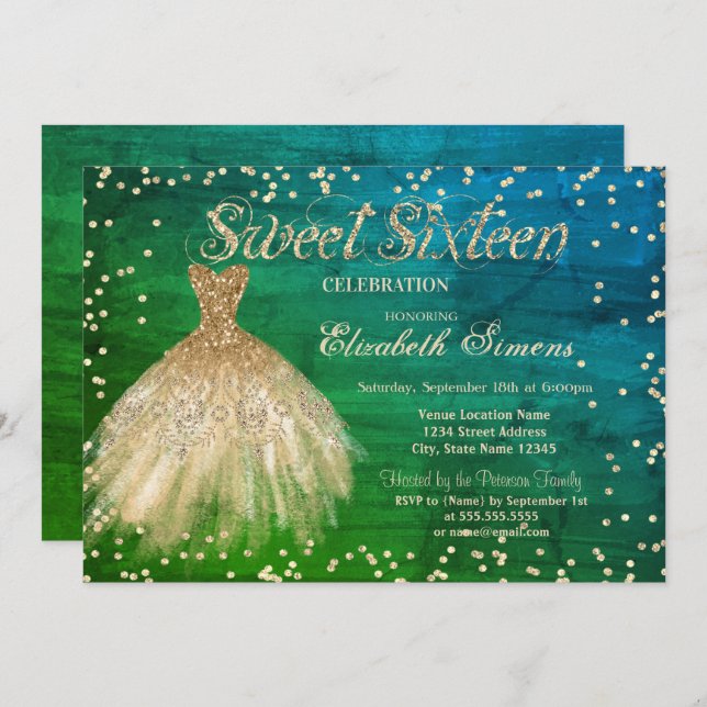 Gold Elegantes Dress Diamonds Green Sweet 16 Einladung (Vorne/Hinten)