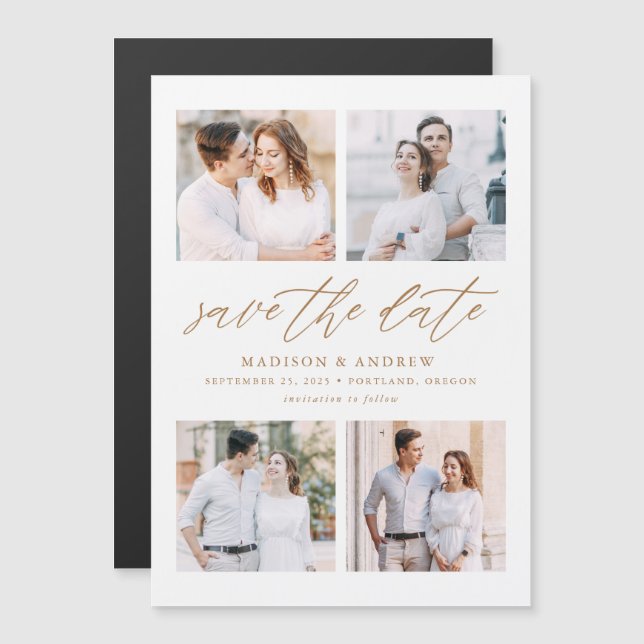 Gold Elegantes Script 4 FotoCollage Save the Date Magneteinladung (Vorne/Hinten)