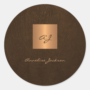Gold elegantes Skript Monogramm Name Leder Runder Aufkleber