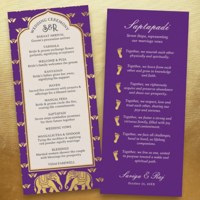 Gold Elephant Indian & Hindu Wedding Program Card Programm (Hindu wedding program, Indian wedding program, Saptapadi seven steps, elephant lotus flower mundap)