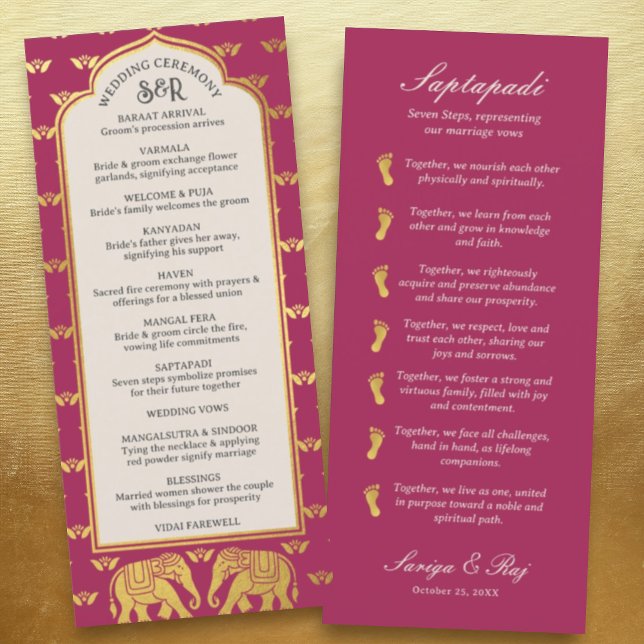 Gold Elephant Indian & Hindu Wedding Program Card Programm (Hindu wedding program, Indian wedding program, Saptapadi seven steps, elephant lotus flower mundap)