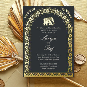 Gold Elephant & Lotus Blume Indische Hochzeit Folieneinladung