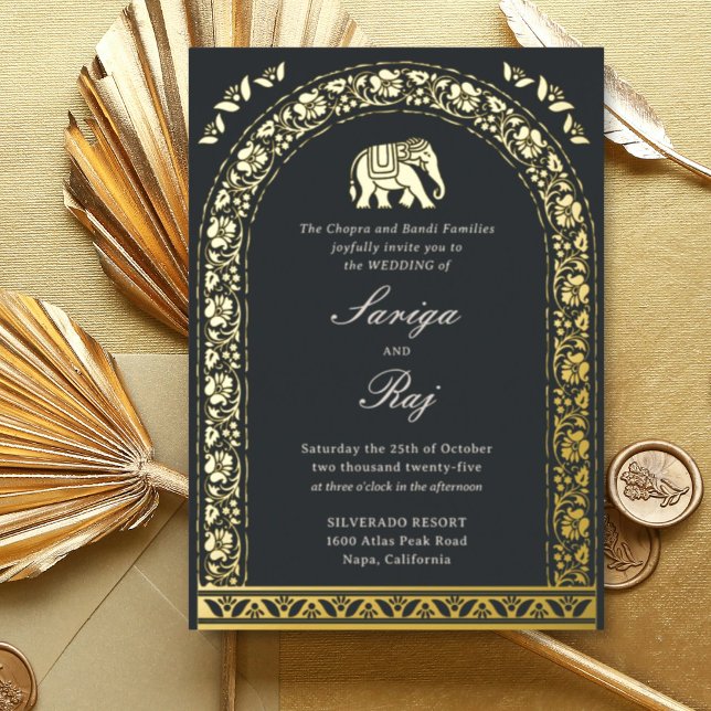 Gold Elephant & Lotus Blume Indische Hochzeit Folieneinladung (Black Indian wedding invitation with elephant and lotus flower motif, hindu wedding invitation card)