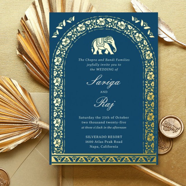 Gold Elephant & Lotus Blume Indische Hochzeit Folieneinladung (Blue Indian wedding invitation with elephant and lotus flower motif, hindu wedding invitation card)
