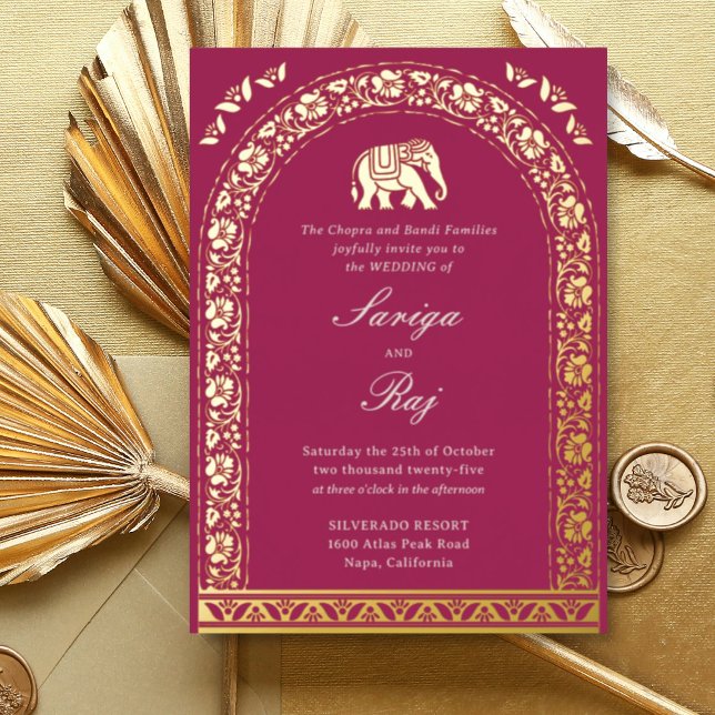 Gold Elephant & Lotus Blume Indische Hochzeit Folieneinladung (Pink Indian wedding invitation with elephant and lotus flower motif, hindu wedding invitation card)