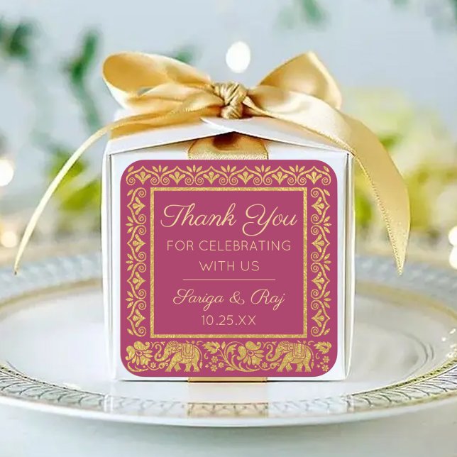 Gold Elephant & Lotus Wedding Return Geschenk Gefa Quadratischer Aufkleber (indian wedding return gift thank you sticker, hindu wedding return gift label, elephant lotus flower)