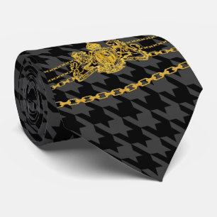 Gold Emblem Chain Trim Black Gray Houndstooth Krawatte