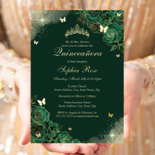 Gold Emerald Butterfly Floral Quinceanera Folieneinladung