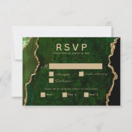 Gold Emerald Green Agate Wedding RSVP Card Karte